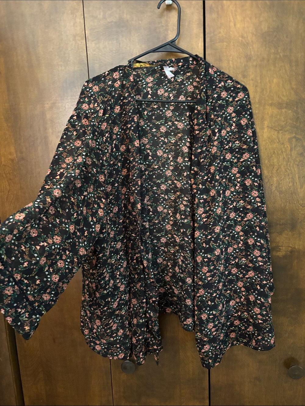 Black Floral Open-Front Tunic Kimono with Pink Blossoms